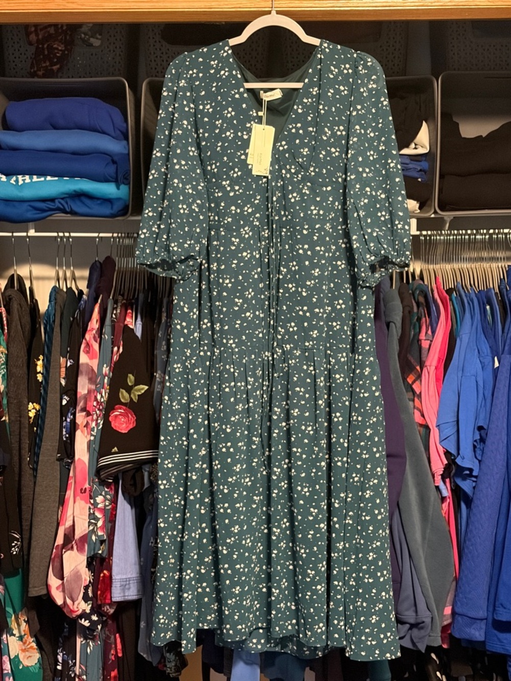 Women's Teal Floral Midi Dress with Puff Sleeves